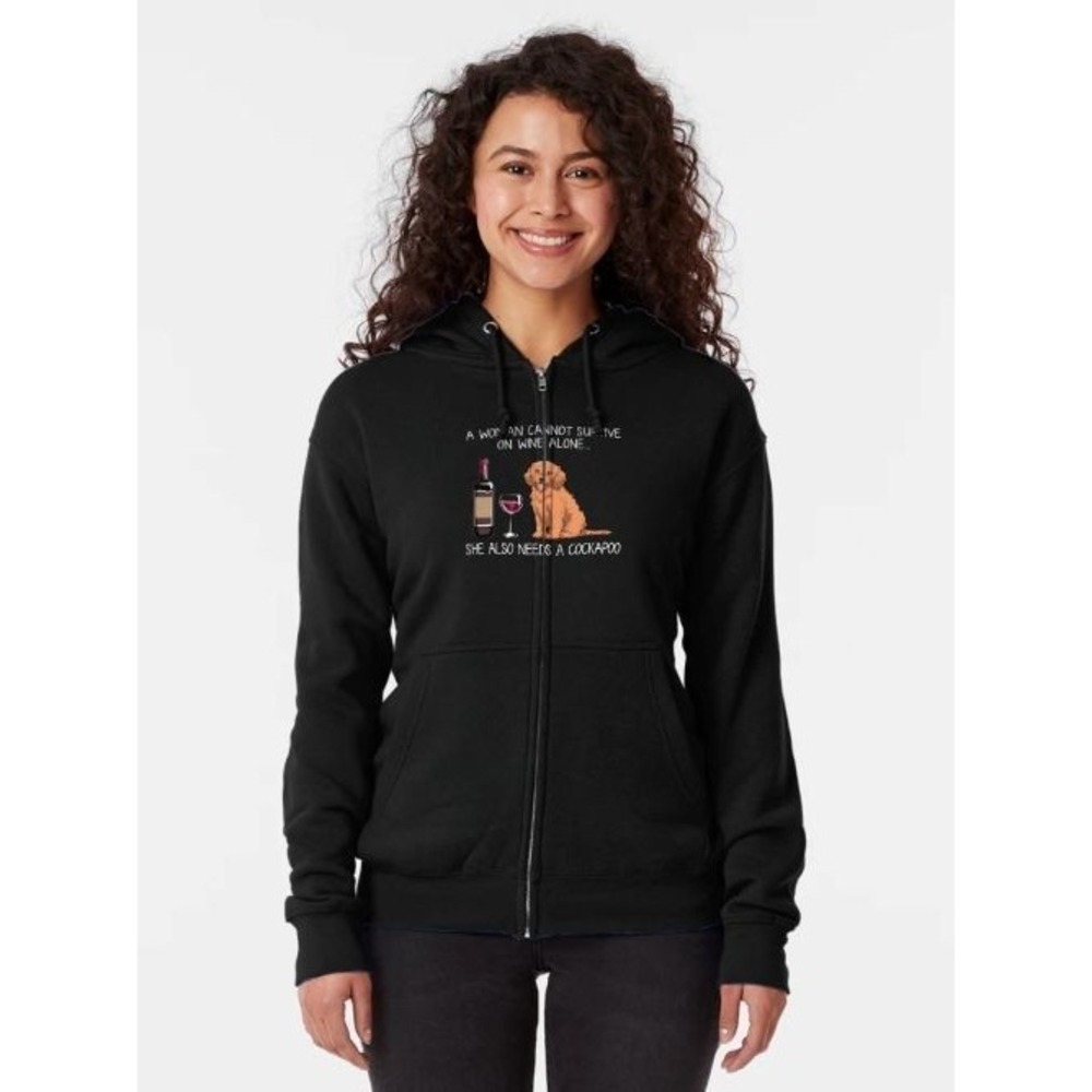 Cockapoo Woman Cannot Survive on Wine Black Graphic Funny Grunge Hoodie UNISEX S